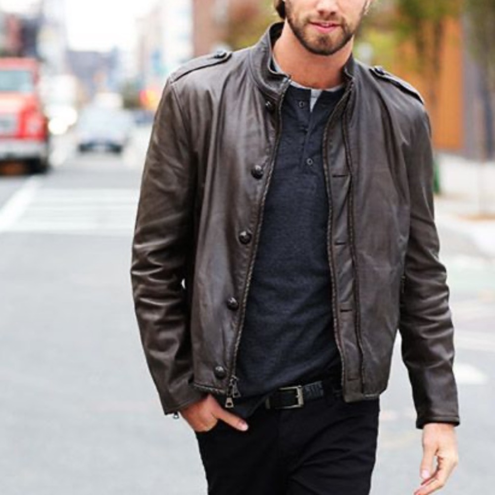 John Varvatos Leather Jacket Mens 48 Brown Leather Bomber Buttons double zip